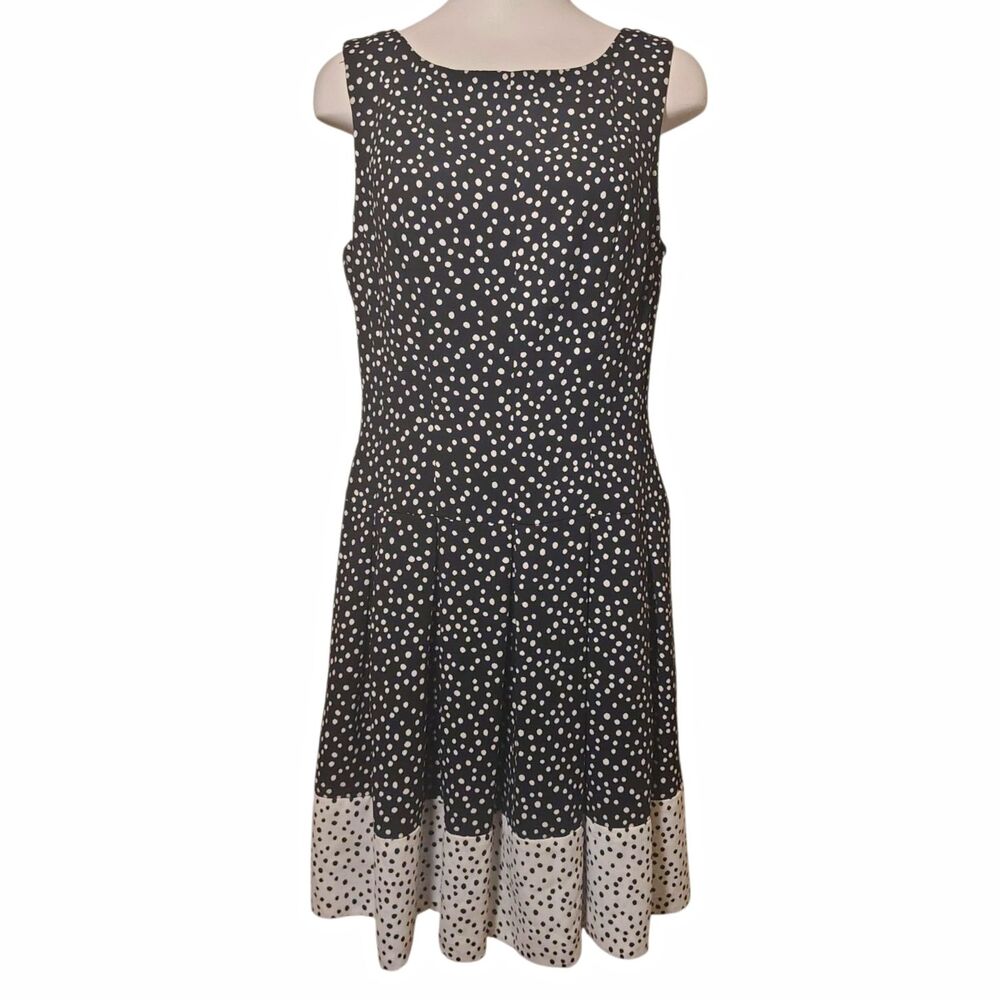 Lauren Ralph Lauren Polka Dot Fit Flare Dress Pleated Lined 12 Black White 00093